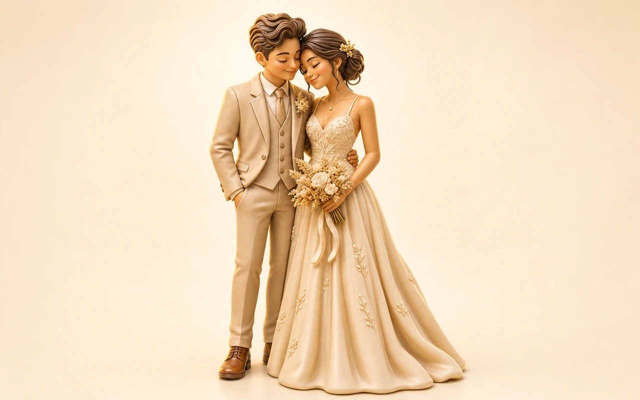 A crisp, full-color 3D preview of a couple's cake topper, ready to inspect from every angle.