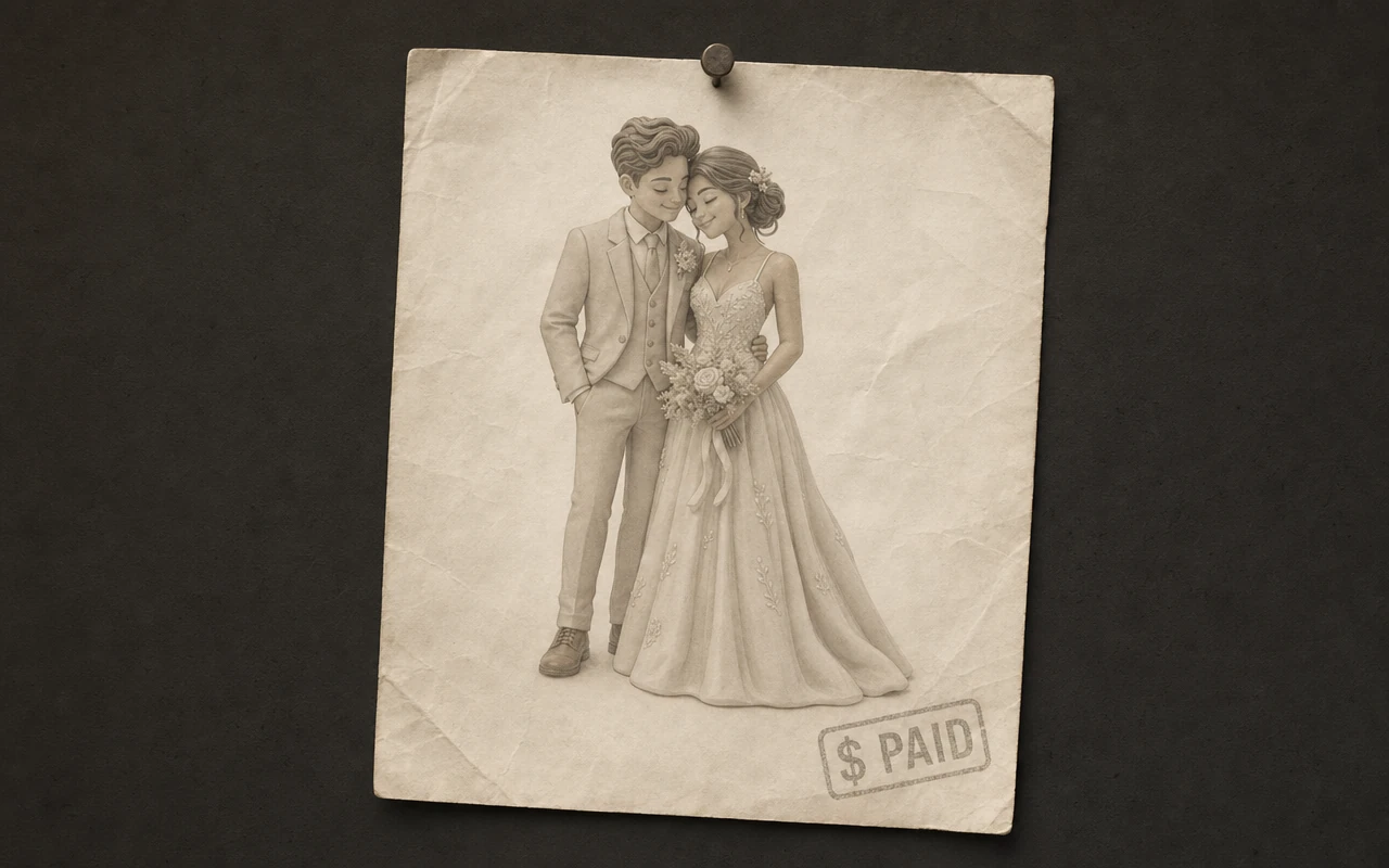 A flat, faded print of a couple's cake topper, pinned like a paid-up-front deposit receipt.